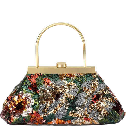 A triangular shaped 1960's inspired bag with two fixed brushed gold handles and framed entry. It is made from squinted material in autumnal colours of bronze, dark green, old gold, burnt orange and chocolate. Designed by Olga Berg and available online and instore at ShoeBeDoo Official Olga Berg Stockist in Australia