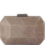 A hard case clutch with a bevelled facade, and top lock closure with gunmetal toned hardware, this is finished in a metallic thread textile for a soft bronze / subtle chocolate tone. Designed by Olga Berg and available online and instore at ShoeBeDoo Official Olga Berg Stockist in Australia