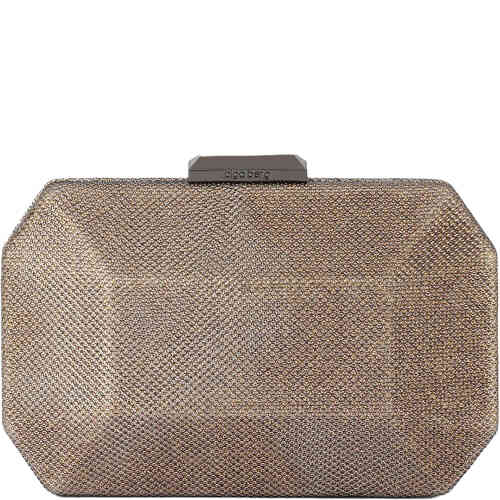 A hard case clutch with a bevelled facade, and top lock closure with gunmetal toned hardware, this is finished in a metallic thread textile for a soft bronze / subtle chocolate tone. Designed by Olga Berg and available online and instore at ShoeBeDoo Official Olga Berg Stockist in Australia