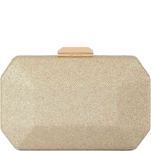A hard case clutch with a bevelled facade, and top lock closure with gold toned hardware, this is finished in a metallic thread textile for a gold yet subtle gold tone. Designed by Olga Berg and available online and instore at ShoeBeDoo Official Olga Berg Stockist in Australia