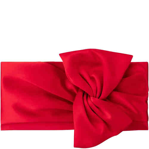 A rectangular shaped clutch adorned in thick blood red satin on the front is a twisted bow that rises above the top of the framed back. Designed by Olga Berg and available online and instore at ShoeBeDoo Official Olga Berg Stockist in Australia