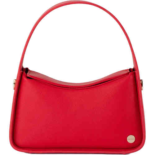A small bag with a curved top handle design made from a textured vegan leather fabrication that is durable and eye-catching in a tomato based red. Designed by Olga Berg and available online and instore at ShoeBeDoo Official Olga Berg Stockist in Australia