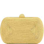 A hard case clutch with rounded edges in this rectangular shape. The front and bag have a slender coiled rope in silky rich gold thread. Designed by Olga Berg and available online and instore at ShoeBeDoo Official Olga Berg Stockist in Australia