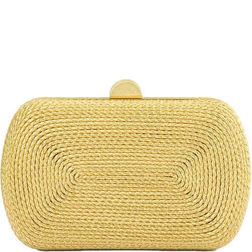 A hard case clutch with rounded edges in this rectangular shape. The front and bag have a slender coiled rope in silky rich gold thread. Designed by Olga Berg and available online and instore at ShoeBeDoo Official Olga Berg Stockist in Australia