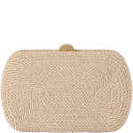 A hard case clutch with rounded edges in this rectangular shape. The front and bag have a slender coiled rope in silky rich caramel coloured cream thread. Designed by Olga Berg and available online and instore at ShoeBeDoo Official Olga Berg Stockist in Australia