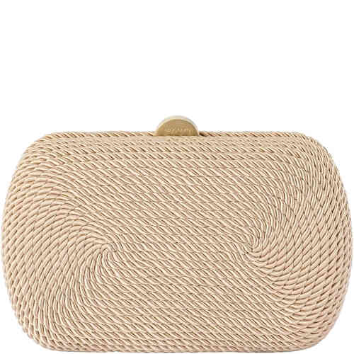 A hard case clutch with rounded edges in this rectangular shape. The front and bag have a slender coiled rope in silky rich caramel coloured cream thread. Designed by Olga Berg and available online and instore at ShoeBeDoo Official Olga Berg Stockist in Australia
