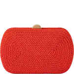 A hard case clutch with rounded edges in this rectangular shape. The front and bag have a slender coiled rope in silky bright tomato red thread. Designed by Olga Berg and available online and instore at ShoeBeDoo Official Olga Berg Stockist in Australia