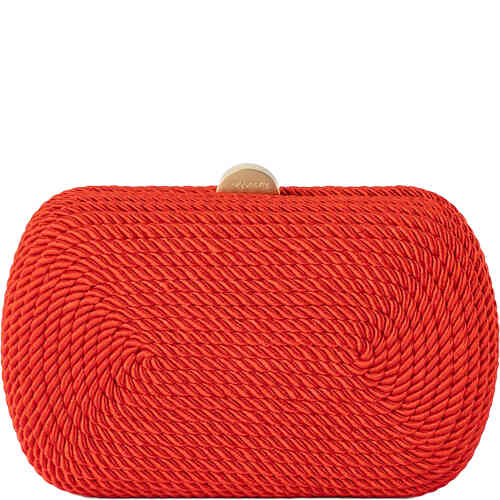 A hard case clutch with rounded edges in this rectangular shape. The front and bag have a slender coiled rope in silky bright tomato red thread. Designed by Olga Berg and available online and instore at ShoeBeDoo Official Olga Berg Stockist in Australia