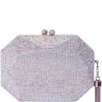 A multi-faceted gemoetric shared hard case clutch bag, that is adorned in a mermaid worthy iridescent array of pale blue, aqua violet soft pink silver crystals, that shine . Designed by Olga Berg and available online and instore at ShoeBeDoo Official Olga Berg Stockist in Australia
