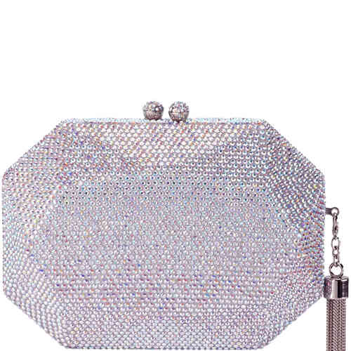 A multi-faceted gemoetric shared hard case clutch bag, that is adorned in a mermaid worthy iridescent array of pale blue, aqua violet soft pink silver crystals, that shine . Designed by Olga Berg and available online and instore at ShoeBeDoo Official Olga Berg Stockist in Australia