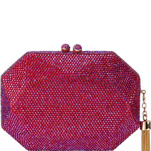 A multi-faceted gemoetric shared hard case clutch bag, that is adorned in a mermaid worthy iridescent array of red and hot pink crystals, that shine through in the light with magenta and violet. Designed by Olga Berg and available online and instore at ShoeBeDoo Official Olga Berg Stockist in Australia