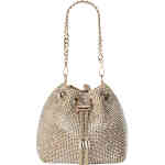 A drawstring style bag with two chains and tassel detail, in a pouch silhouette. Adorned with silver crystals over a light champagne satin base. Designed by Olga Berg and available online and instore at ShoeBeDoo Official Olga Berg Stockist in Australia