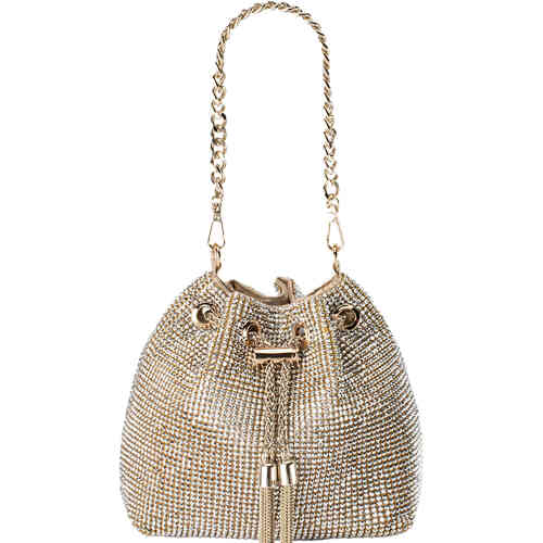 A drawstring style bag with two chains and tassel detail, in a pouch silhouette. Adorned with silver crystals over a light champagne satin base. Designed by Olga Berg and available online and instore at ShoeBeDoo Official Olga Berg Stockist in Australia