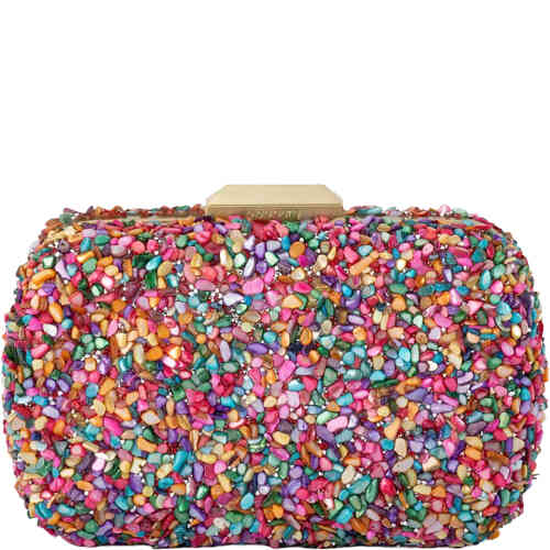 Olga Berg Savannah Natural Pebble Clutch is a hard case bag encrusted with multi coloured pebbles and a hint of crystal. Rectangular in shape with round edges, and a gold toned brushed fram and lock closure. Designed by Olga Berg and available online and instore at ShoeBeDoo Official Olga Berg Stockist in Australia