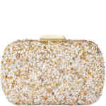 Olga Berg Savannah Natural Pebble Clutch is a hard case bag encrusted with tiny natural white soft grey coloured pebbles and a hint of crystal. Rectangular in shape with round edges, and a gold toned brushed fram and lock closure. Designed by Olga Berg and available online and instore at ShoeBeDoo Official Olga Berg Stockist in Australia