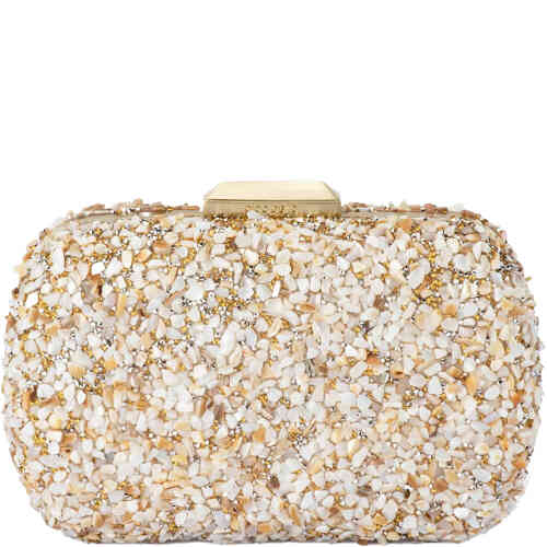 Olga Berg Savannah Natural Pebble Clutch is a hard case bag encrusted with tiny natural white soft grey coloured pebbles and a hint of crystal. Rectangular in shape with round edges, and a gold toned brushed fram and lock closure. Designed by Olga Berg and available online and instore at ShoeBeDoo Official Olga Berg Stockist in Australia