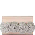 A foldover evening bag made from a soft blush (nude) satin, and on the front flap there are large silver crystal trimmed rosettes for added style kudos. Designed by Olga Berg and available online and instore at ShoeBeDoo Official Olga Berg Stockist in Australia
