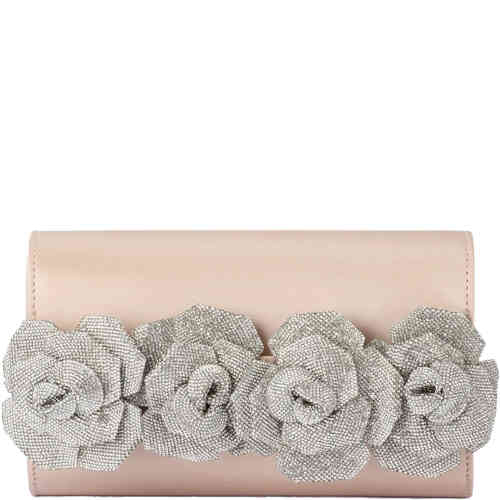 A foldover evening bag made from a soft blush (nude) satin, and on the front flap there are large silver crystal trimmed rosettes for added style kudos. Designed by Olga Berg and available online and instore at ShoeBeDoo Official Olga Berg Stockist in Australia