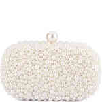 A rectangular round edged hared case clutch that is encrusted with different shaped pearls and a large pearl lock closure. This is perfect for a bride. Designed by Olga Berg and available online and instore at ShoeBeDoo Official Olga Berg Stockist in Australia
