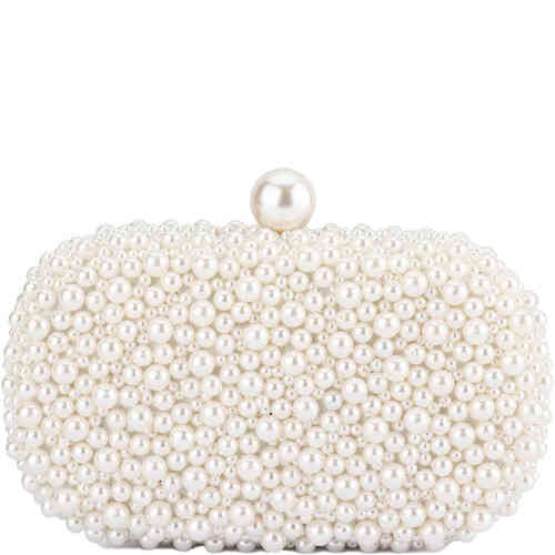 A rectangular round edged hared case clutch that is encrusted with different shaped pearls and a large pearl lock closure. This is perfect for a bride. Designed by Olga Berg and available online and instore at ShoeBeDoo Official Olga Berg Stockist in Australia