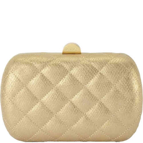 A hard case clutch with rounded edges in a rectangular shape. TIt features soft quilted dark gold metallic quilted leather. Designed by Olga Berg and available online and instore at ShoeBeDoo Official Olga Berg Stockist in Australia