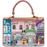 A mid sized rectangular bag with a blush top handle, a foldover flap, and roomy interior. The front is decorated with a Victorian street scene, with shop fronts and the tea rooms in pretty pink, lilac and pale blue. The front flap opened reveals the inside of the team rooms with cats and poodles and delicious high teas. Vegan bag/accessory designed by Vendula London, available online and instore at ShoeBeDoo, official stockist in Australia