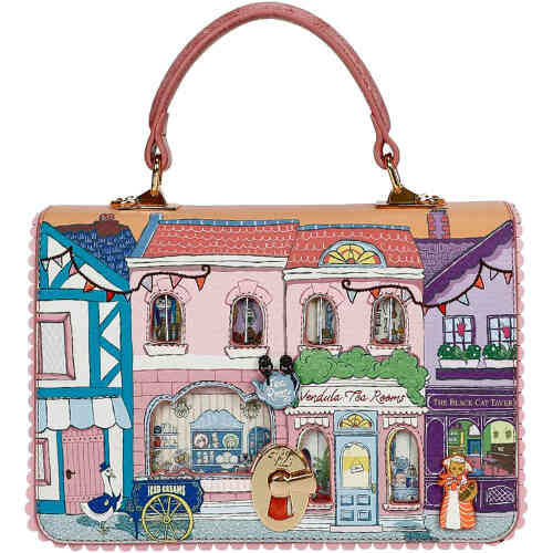 A mid sized rectangular bag with a blush top handle, a foldover flap, and roomy interior. The front is decorated with a Victorian street scene, with shop fronts and the tea rooms in pretty pink, lilac and pale blue. The front flap opened reveals the inside of the team rooms with cats and poodles and delicious high teas. Vegan bag/accessory designed by Vendula London, available online and instore at ShoeBeDoo, official stockist in Australia