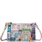 A medium sized rectangular pouch bag that is a crossbody bag to hold essentials but be slim against the body. One the front is a Victoria street front with a Vendula Tea Rooms tea house, and on the back is an inside tea party with a Victorian themed interior and cats and dogs. Vegan bag/accessory designed by Vendula London, available online and instore at ShoeBeDoo, official stockist in Australia