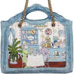 A large tote bag with cut out handles and an optional gold chain long crossbody strap, and the scene on the from is a victorian tea room with well dressed very posh cat and dog sitting at a table with cakes and tea, surrounded by pastries and ornaments. Vegan bag/accessory designed by Vendula London, available online and instore at ShoeBeDoo, official stockist in Australia