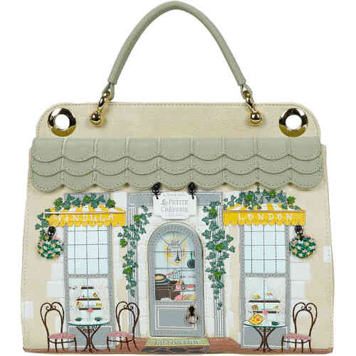 A stunning shop front bag with sage green awnings atop the pretties front display of two large multi paned windows, a central door, a crepier in all its glory even with outdoor wrought iron chairs and tables with crepes on top! Vegan bag/accessory designed by Vendula London, available online and instore at ShoeBeDoo, official stockist in Australia
