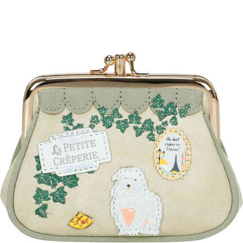 This is a framed coin purse with a kiss lock closure, and two separate compartments, and in soft sage green vegan leather, adorned with embroidered green vines, and 3D elements a creperie sign, and a gorgeous white fluffy dog. Vegan bag/accessory designed by Vendula London, available online and instore at ShoeBeDoo, official stockist in Australia