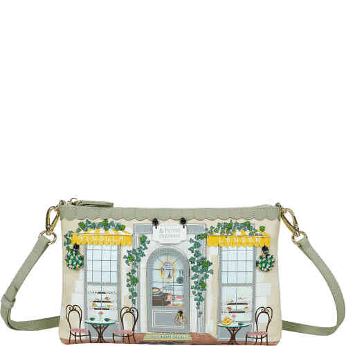 A medium sized rectangular pouch bag that is a crossbody bag to hold essentials but be slim against the body. The front is a soft sage green and cream coloured shop front of an ornate Parisian creperie with lace curtains on the front of the high windows, green vine embroidery over the windows, while out front are wrought iron chairs and tables laden with crepes. Yum. Vegan bag/accessory designed by Vendula London, available online and instore at ShoeBeDoo, official stockist in Australia