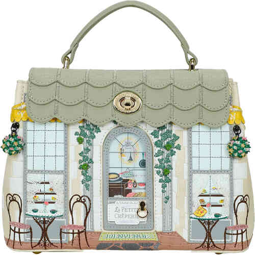 A divine day to night structured bag, a mini of the original Grace Bag - but not too mini you can't fit everything in it! You can! . The front is alight sage green shop front of divine French creperie with outdoor wrought iron chairs and tables, a door that opens tin the front and crepes galore.. Vegan bag/accessory designed by Vendula London, available online and instore at ShoeBeDoo, official stockist in Australia