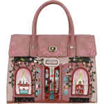 A fabulous well structured bag with lots of internal compartments and zips to keep you organised. . The front is a dusty blush coloured shop front off an ornate French perfumery with velvet curtains on the high vine embroidered windows, and in the centre are doors that open revealing cats and divine perfume bottles. Vegan bag/accessory designed by Vendula London, available online and instore at ShoeBeDoo, official stockist in Australia