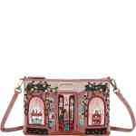 A medium sized rectangular pouch bag that is a crossbody bag to hold essentials but be slim against the body. The front is a dusty blush coloured shop front off an ornate French perfumery with velvet curtains on the high vine embroidered windows, and in the centre are doors that open revealing cats and divine perfume bottles. Vegan bag/accessory designed by Vendula London, available online and instore at ShoeBeDoo, official stockist in Australia