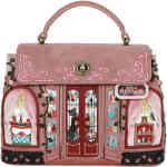 A divine day to night structured bag, a mini of the original Grace Bag - but not too mini you can't fit everything in it! You can! . The front is a dusty blush coloured shop front off an ornate French perfumery with velvet curtains on the high vine embroidered windows, and in the centre are doors that open revealing cats and divine perfume bottles. Vegan bag/accessory designed by Vendula London, available online and instore at ShoeBeDoo, official stockist in Australia