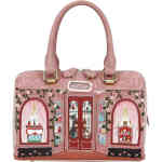 A mid sized east west style bag to hold all of your essentials . The front is a dusty blush coloured shop front off an ornate French perfumery with velvet curtains on the high vine embroidered windows, and in the centre are doors that open revealing cats and divine perfume bottles. Vegan bag/accessory designed by Vendula London, available online and instore at ShoeBeDoo, official stockist in Australia