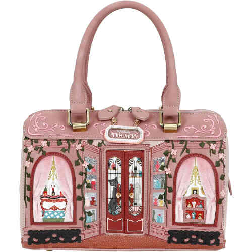 A mid sized east west style bag to hold all of your essentials . The front is a dusty blush coloured shop front off an ornate French perfumery with velvet curtains on the high vine embroidered windows, and in the centre are doors that open revealing cats and divine perfume bottles. Vegan bag/accessory designed by Vendula London, available online and instore at ShoeBeDoo, official stockist in Australia