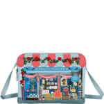 This is an east west crossbody bag, medium in size, that will fit an iPad in its case easily. , It is made from soft pale blue vegan leather, adorned with embroidered roses, and 3D elements of a vintage phone, a book case with books, and artwork on the wall. Vegan bag/accessory designed by Vendula London, available online and instore at ShoeBeDoo, official stockist in Australia