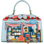 A compact bag ever so perfect for the races or a special occasion. It is a shop front of a vintage shop with teapots, trinkets, a sofa, nooks and other antique materials in the shop front, which has a striped pale blue and coral awning, adorned with embroidered roses. egan bag/accessory designed by Vendula London, available online and instore at ShoeBeDoo, official stockist in Australia