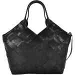 A black leather tote back with angular lines, very room, and with the front made from a medium width interwoven leather weave.