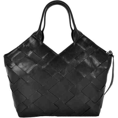 A black leather tote back with angular lines, very room, and with the front made from a medium width interwoven leather weave.
