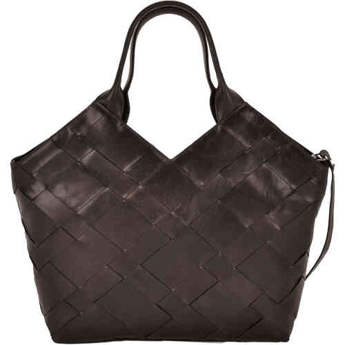 A chocolate brown leather tote bag with angular lines, very room, and with the front made from a medium width interwoven leather weave. Designed by Coob & Co, ShoeBeDoo is an official stockist in Australia and New Zealand