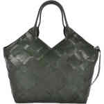 An olive green leather tote bag with angular lines, very room, and with the front made from a medium width interwoven leather weave. Designed by Coob & Co, ShoeBeDoo is an official stockist in Australia and New Zealand