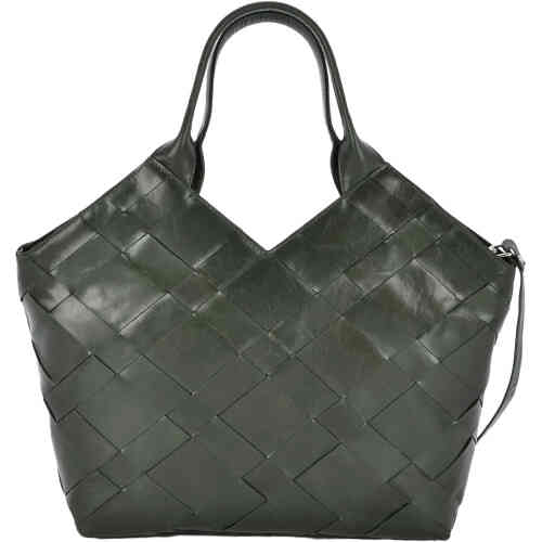 An olive green leather tote bag with angular lines, very room, and with the front made from a medium width interwoven leather weave. Designed by Coob & Co, ShoeBeDoo is an official stockist in Australia and New Zealand