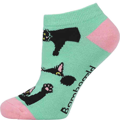 A mint green ankle sock with pink toes and heel, and knitted with a frisky black cat! ShoeBeDoo is an authorised stockist of Bamboozld Socks in Australia and New Zealand.