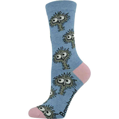 A calf length sock with soft pink toes and heel, and knitted with the heads of a very curious cartoon emu on a sky blue background. ShoeBeDoo is an authorised stockist of Bamboozld Socks in Australia and New Zealand.