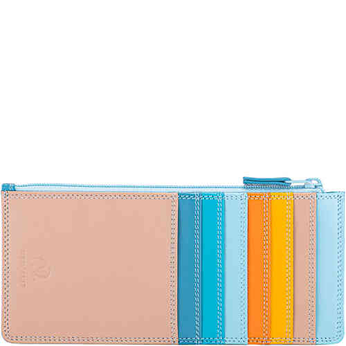A slender wallet with a top zip closure to hold notes,. The front and the back have 15 credit slots in total, in soft nappa leather of various blue hues, oranges, and soft taupe. There is also a clear ID window. ShoeBeDoo is an authorised retailer of myWalit in Australia and New zealand.