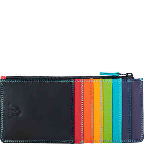 A slender wallet with a top zip closure to hold notes,. The front and the back have 15 credit slots in total, in soft nappa leather of primarily black, with leather tabs for the credit cards inn red, orange, yellow, green and blues. There is also a clear ID window. ShoeBeDoo is an authorised retailer of myWalit in Australia and New zealand.