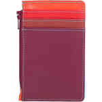 A compact card holder with 3 credit card slots on the front behind separate tabs, 1 on the back with one additional clear ID window, and a zip pocket down the side to hold coins and notes. The front is burgundy leather, with a leather tab of reds and orange, the back is orange and blue leathers. ShoeBeDoo is an authorised retailer of mywalit leather bags and crossbody bags and coin purses and wallets.